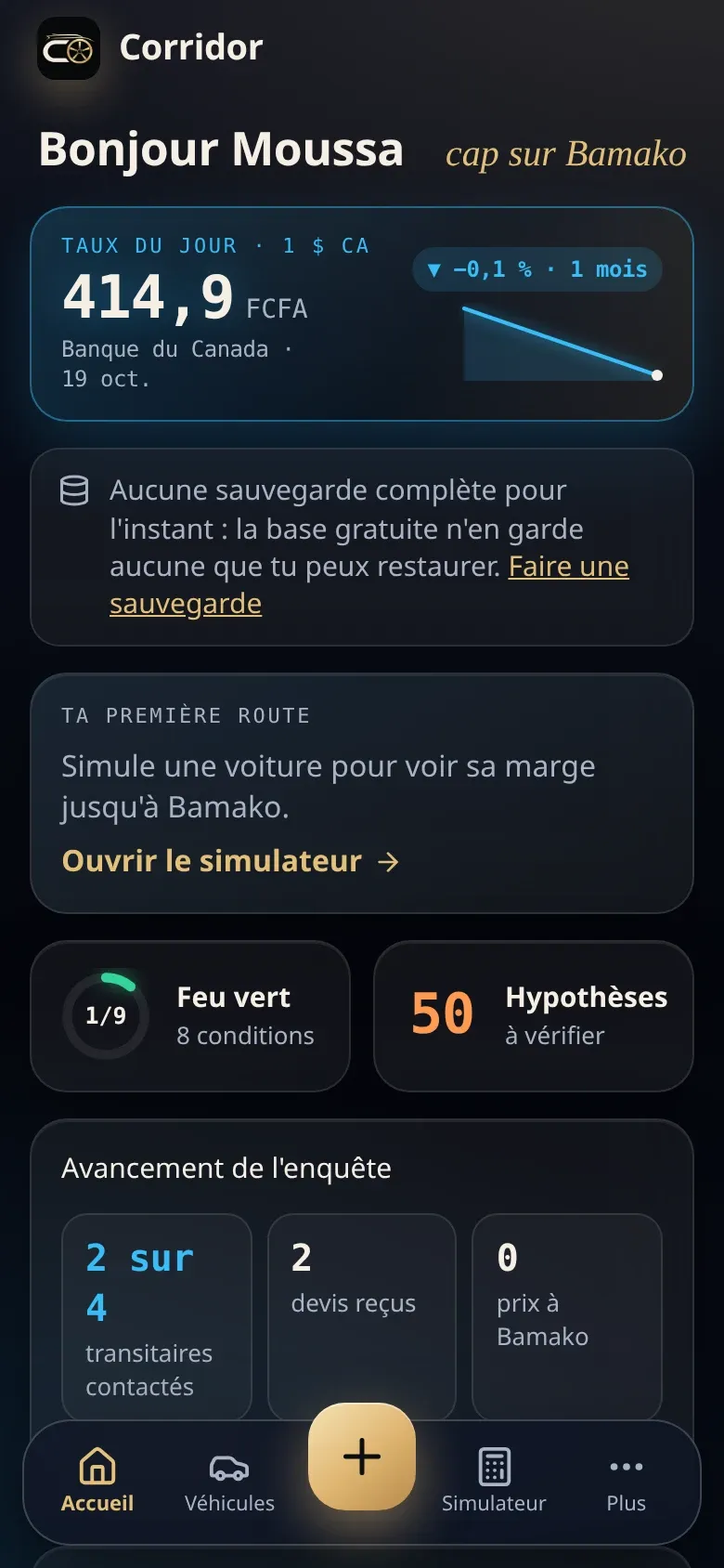 Écran d'accueil de Corridor sur iPhone : taux du jour en francs CFA, feu vert, hypothèses à vérifier.